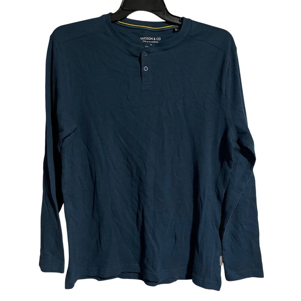 Larsson & Co Mens Long Sleeve Henley Shirt Size M Blue 100% Cotton Waffle Weave